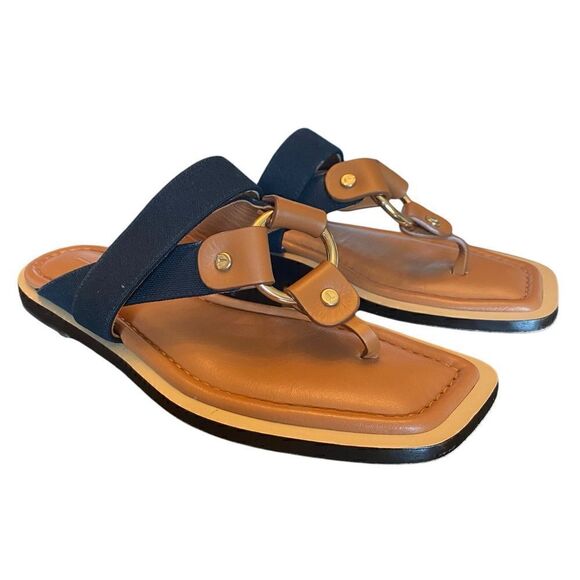 Lafayette 148 Sz 38/8 Brown Navy Blue Sabine Leather Canvas Classic Sandals - Picture 1 of 8